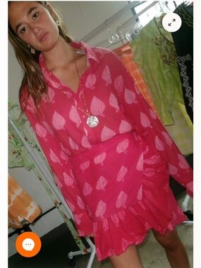 CONIGLIO PAM BEACH Pink Leaf-Print Ruffle Power Pareo Cotton Voile Shibori